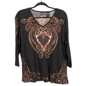 Y2K Shirt L Black Brown Paisley VNeck Tunic Rhinestone 3/4 Sleeve India Cotton